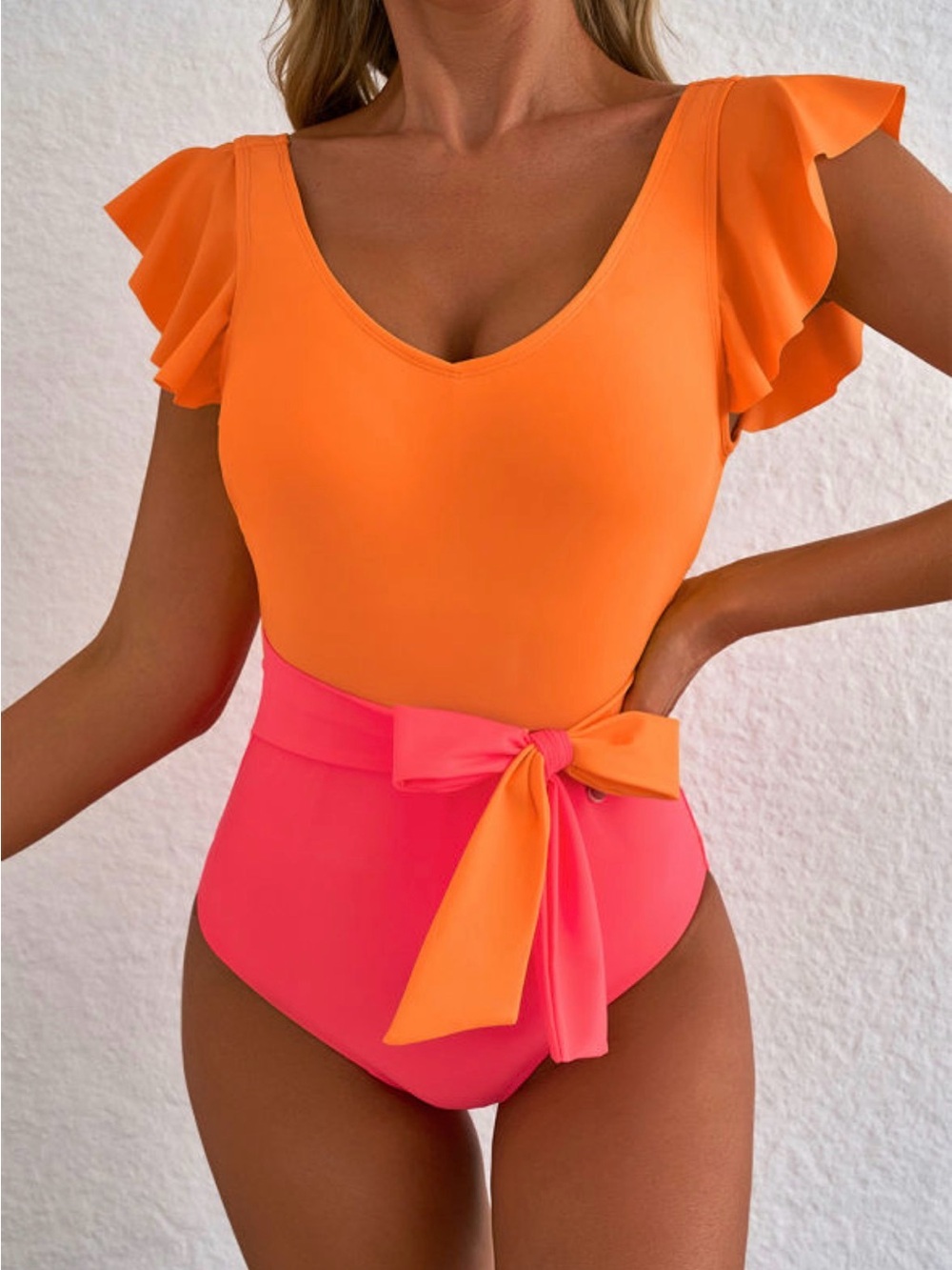 Ruffle Sleeve Colorblock One-Piece Swimsuit in Orange and Pink